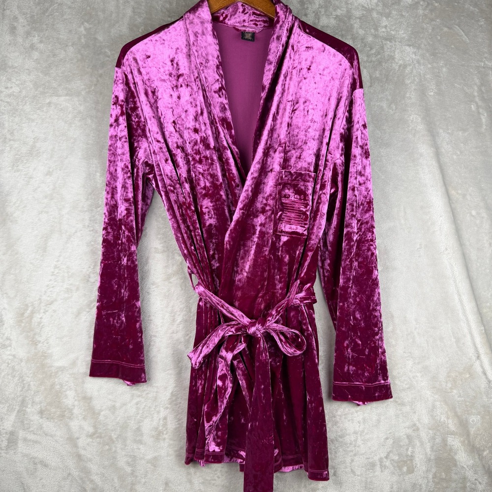 Savage X Fenty Magenta Pink Crushed Velvet Short Robe Belted Shawl Collar Pocket